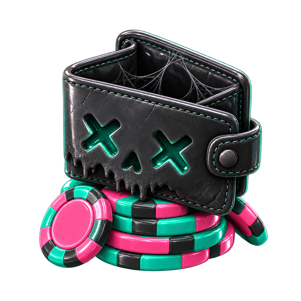 Dead Wallet propped up on a stack of teal and pink poker chips
