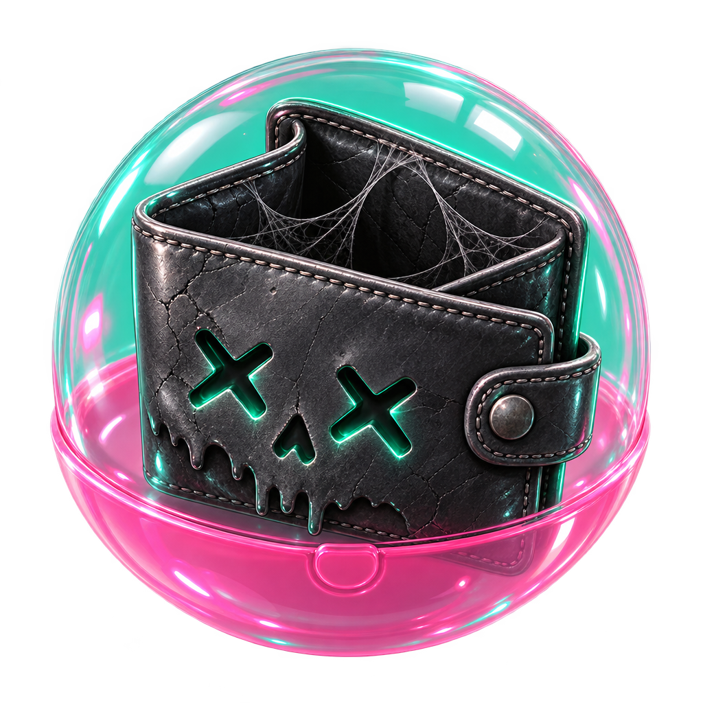 Dead Wallet sealed inside a glossy pink and teal gachapon capsule bubble
