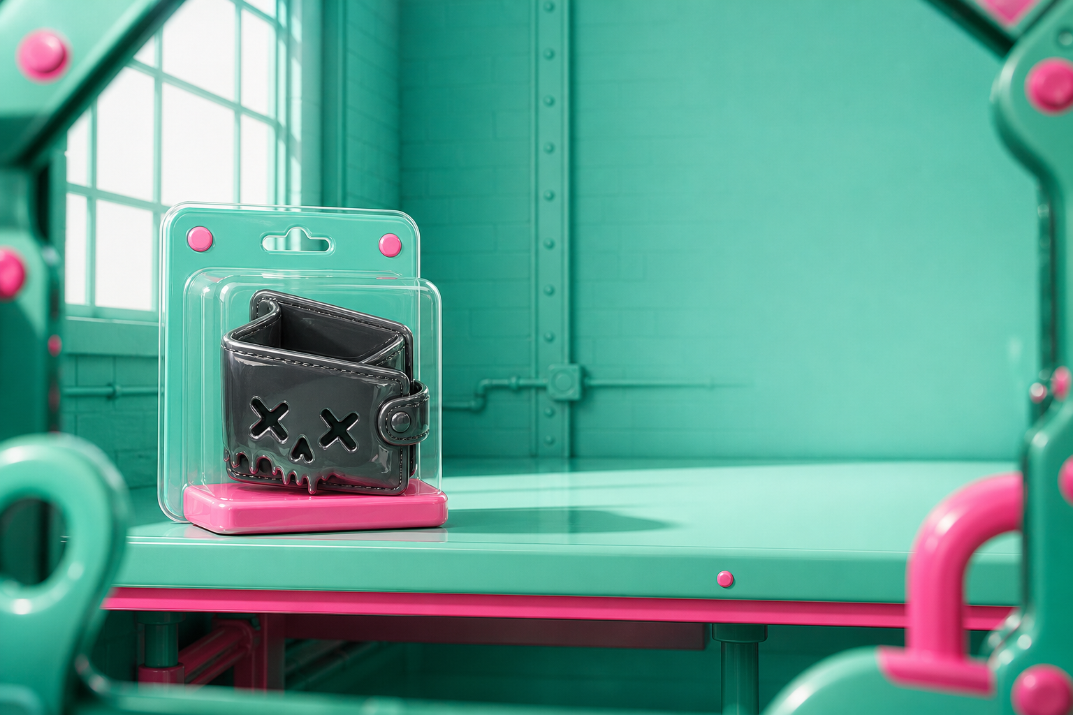 Dead Wallet blister pack sitting on a shelf in a teal and pink factory scene
